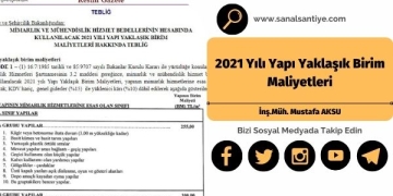 2021 Yılı Yapı Yaklaşık Birim Maliyetleri